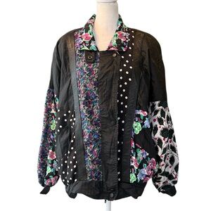 Vintage Black Bomber Jacket | Floral & Polka Dot Patchwork | Leather Trim | L